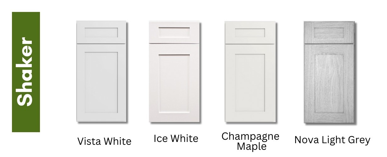 Forevermark shaker door in Vista White, Ice White, Champagne Maple and Nova Light Grey