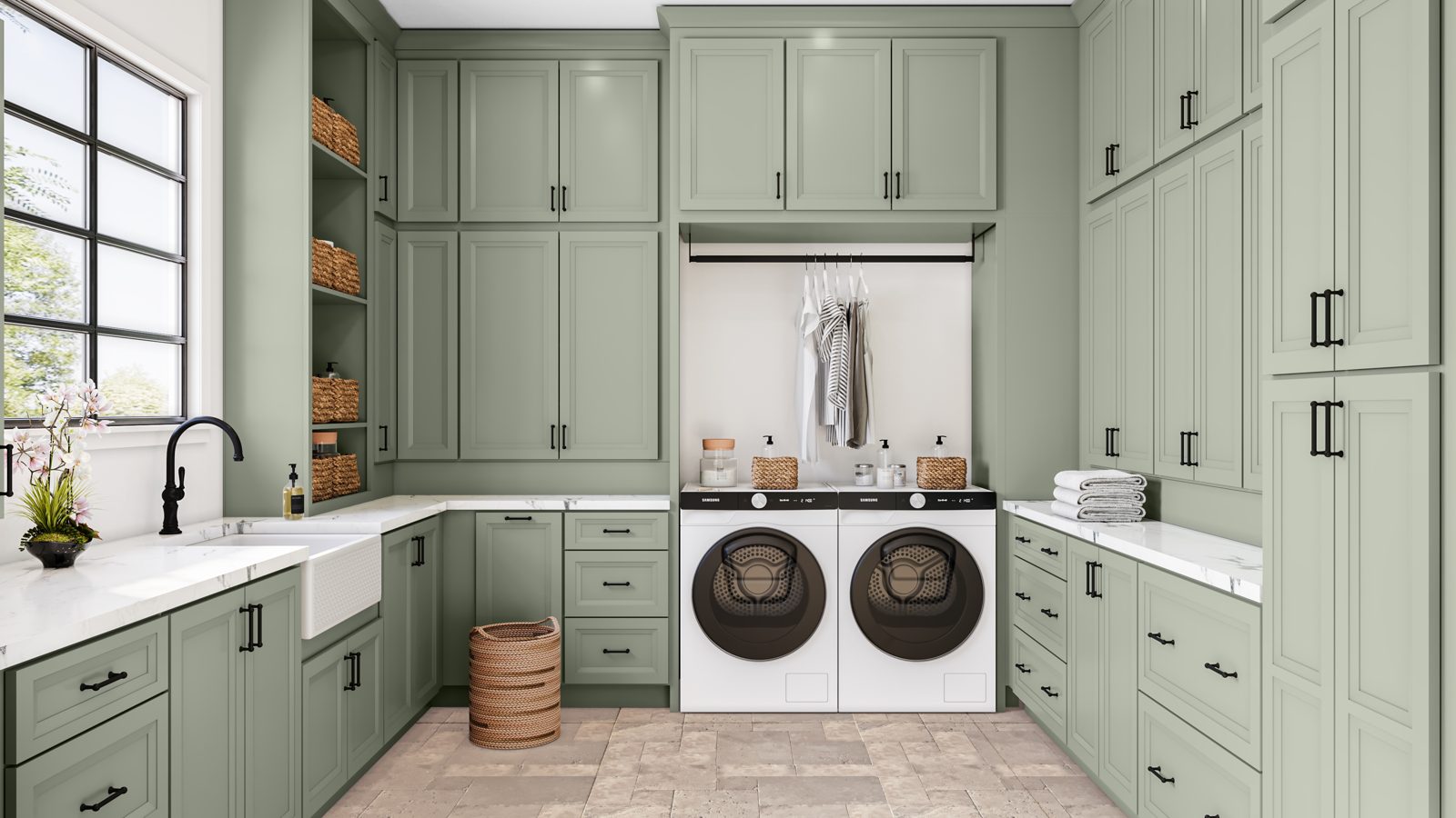 Built-in storage cabinetry near a laundry area