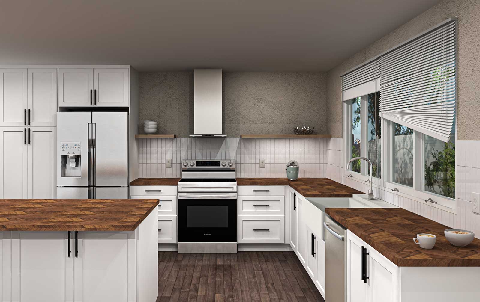 Natural hardwood butcher block countertop on a kitchen island