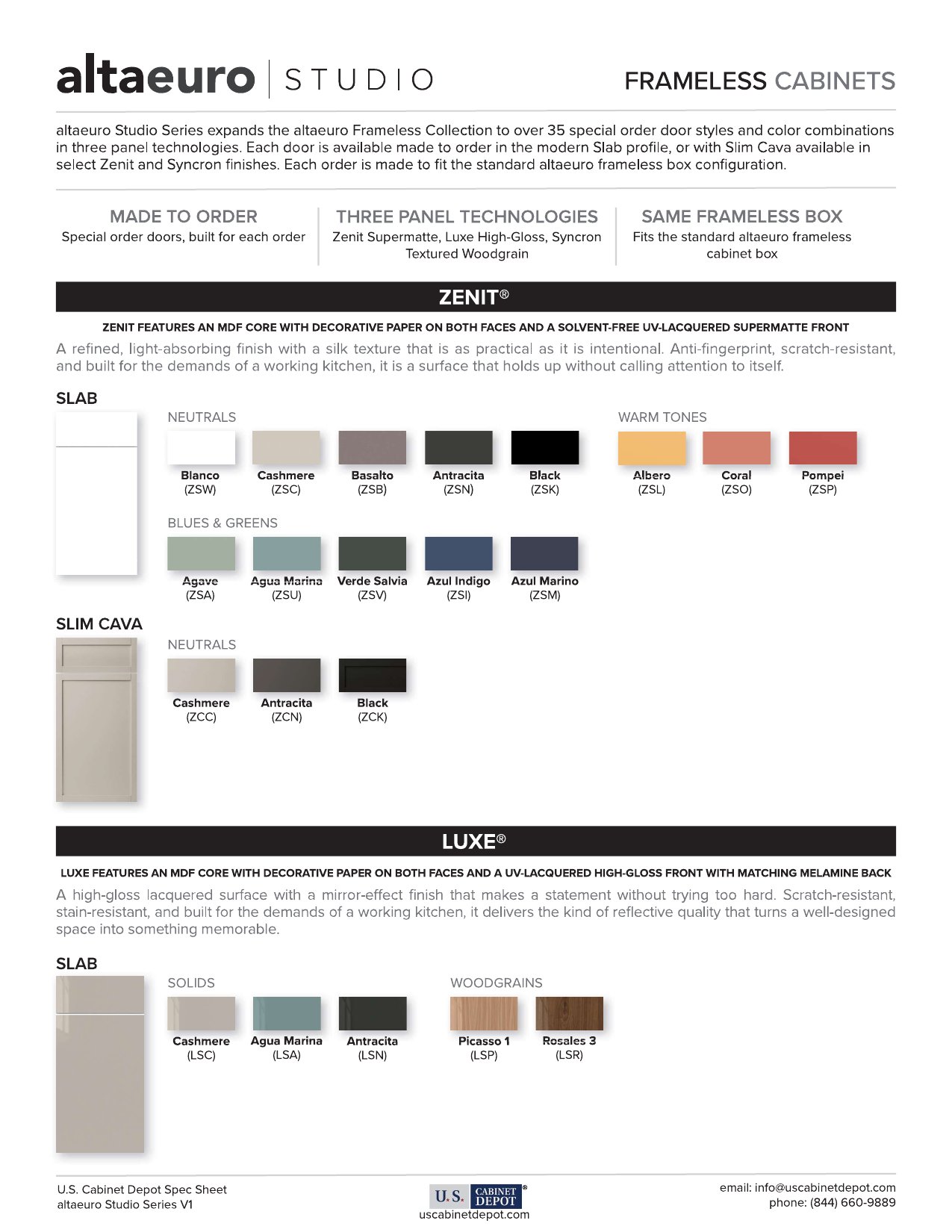 altaeuro Studio Series Zenit and Luxe frameless cabinet finish sheet