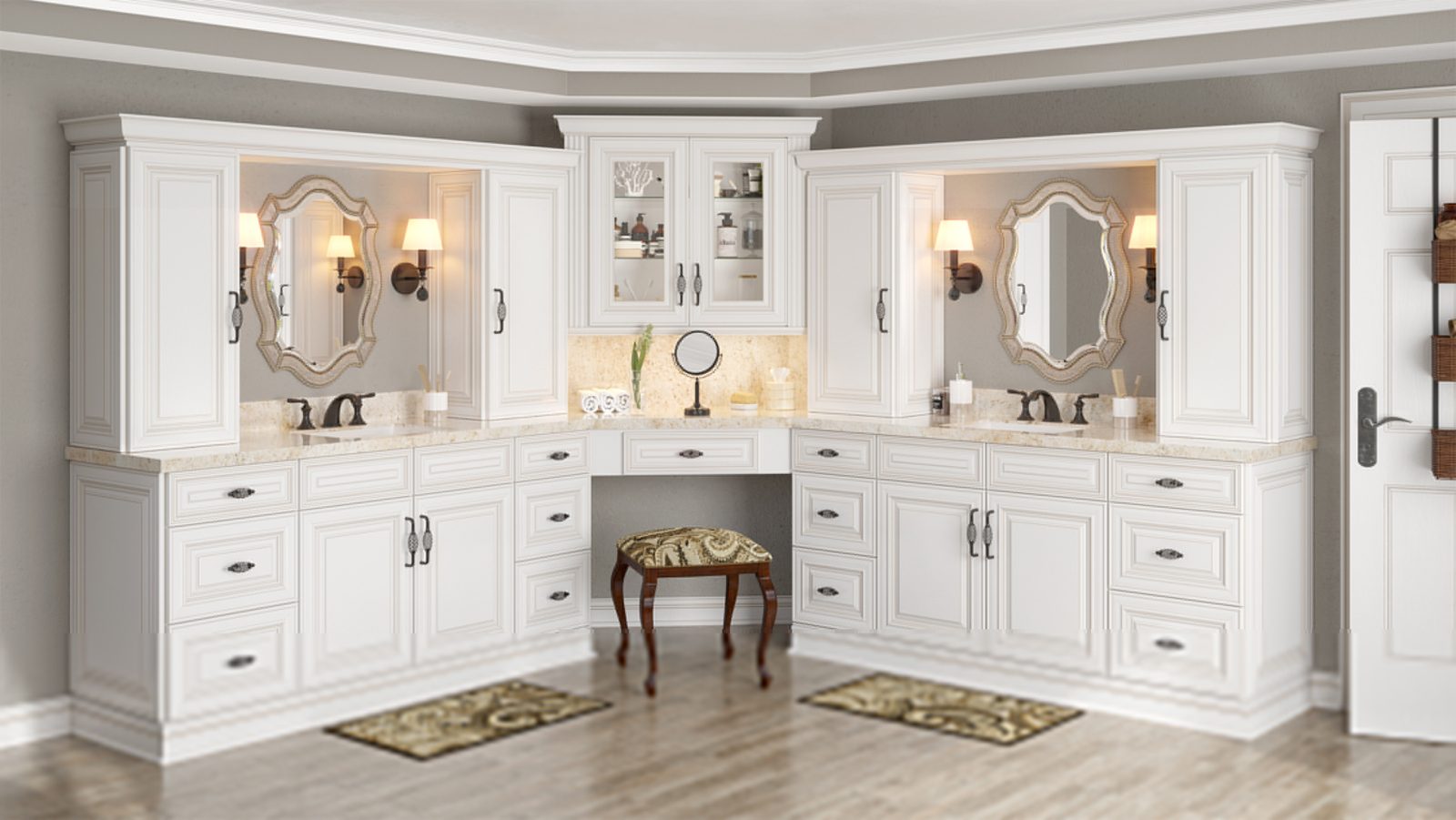Bathroom vanity cabinet designed around sink, plumbing and mirror placement
