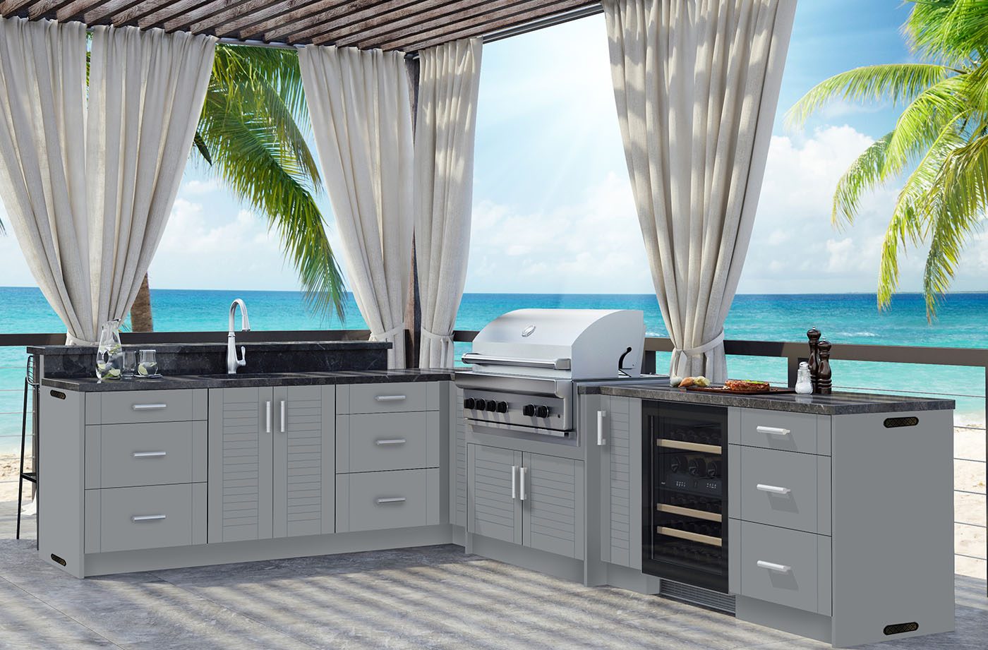 Poolside outdoor kitchen with cabinetry near a South Florida pool deck
