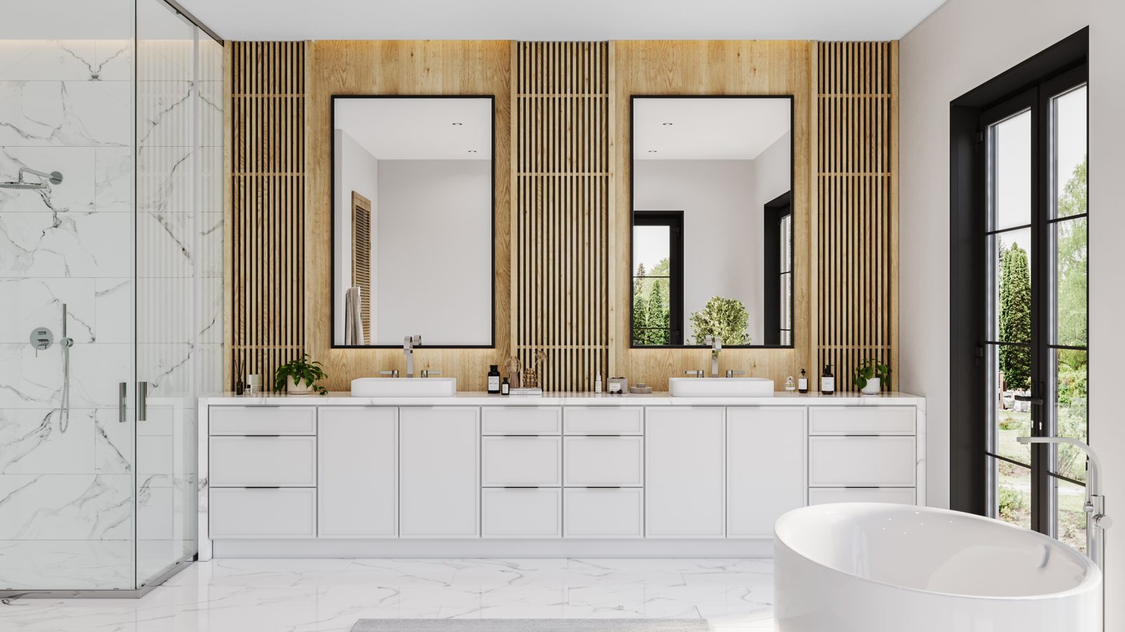 Double-sink bathroom vanity with drawer storage between two sink base cabinets