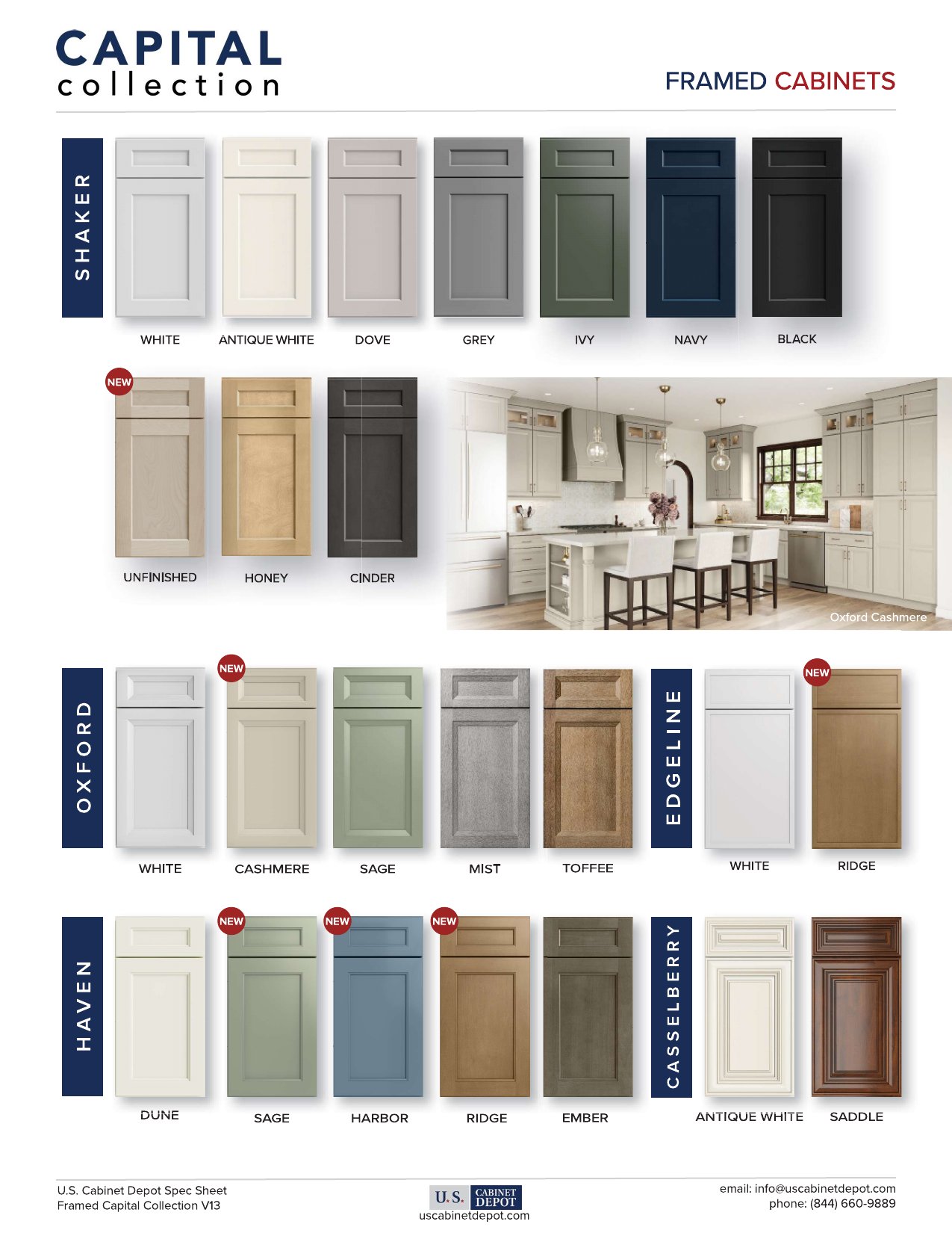 US Cabinet Depot Capital Collection framed cabinet fact sheet showing Shaker, Oxford, Haven, Edgeline, and Casselberry door styles