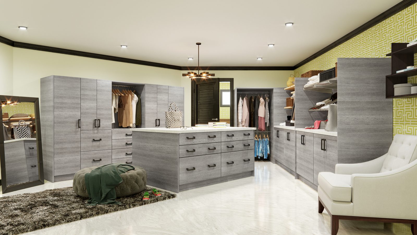 Primary bathroom cabinetry coordinated with adjoining closet storage