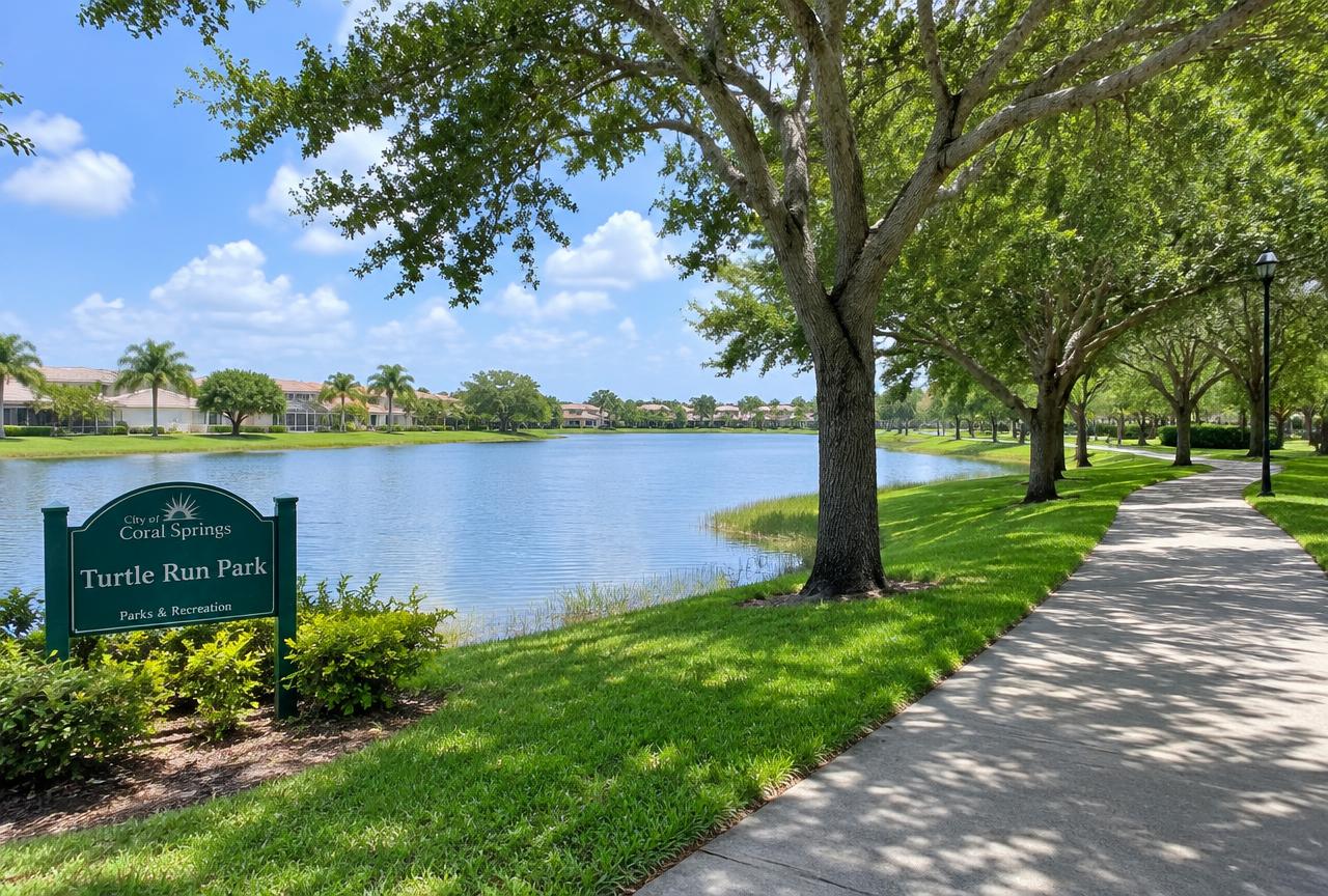 A lakeside park in Coral Springs, FL, where Universal Factory Direct installs kitchen cabinets