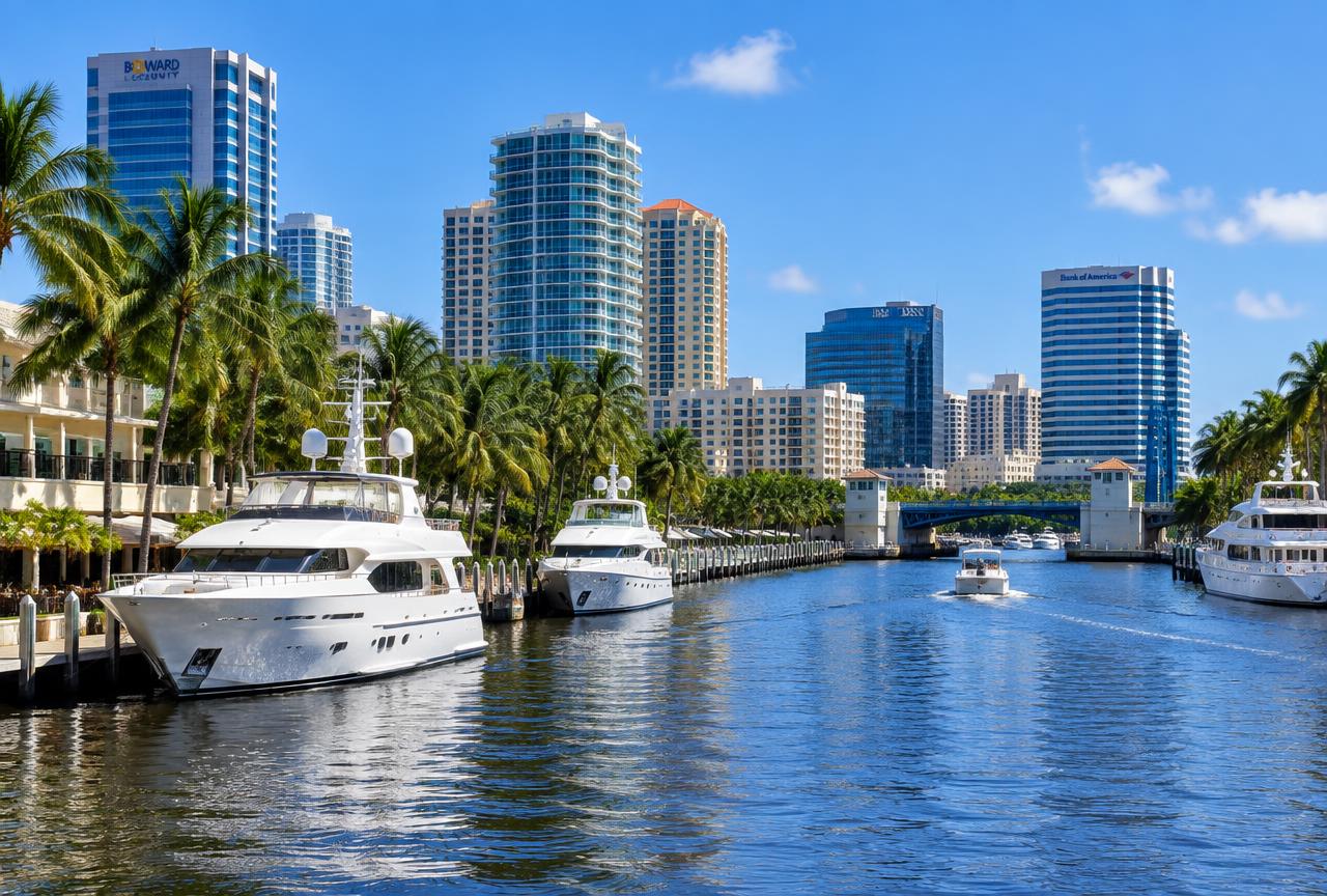 The New River and downtown skyline in Fort Lauderdale, FL, where Universal Factory Direct installs kitchen cabinets