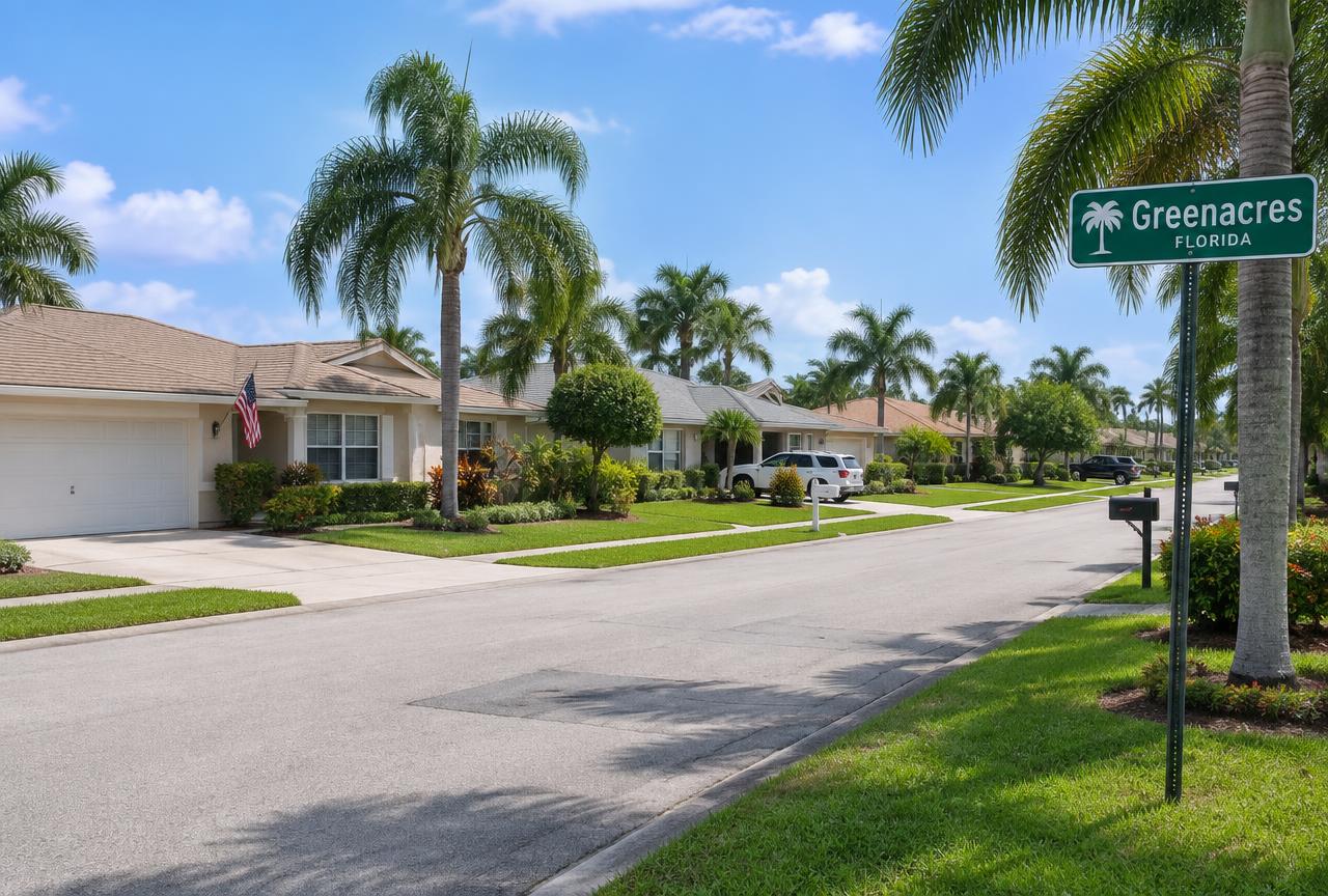 A palm-lined neighborhood street in Greenacres, FL, where Universal Factory Direct installs outdoor cabinets
