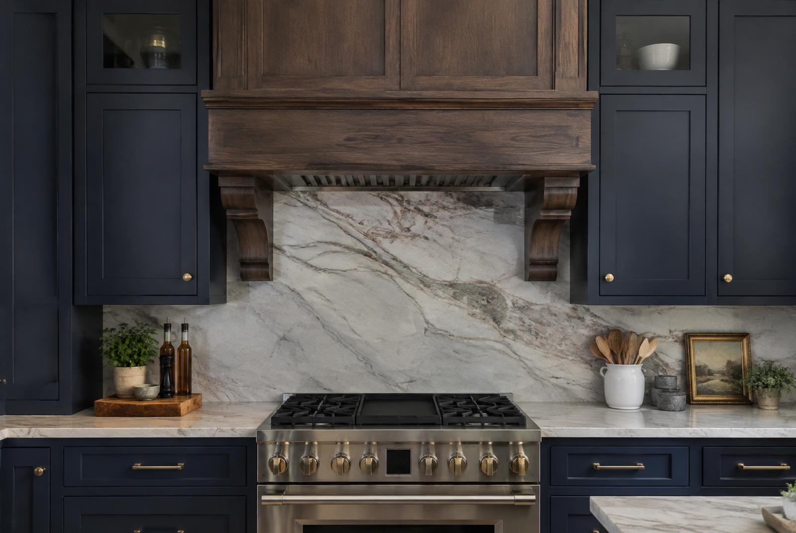 Artisan-style custom range hood surround in a kitchen