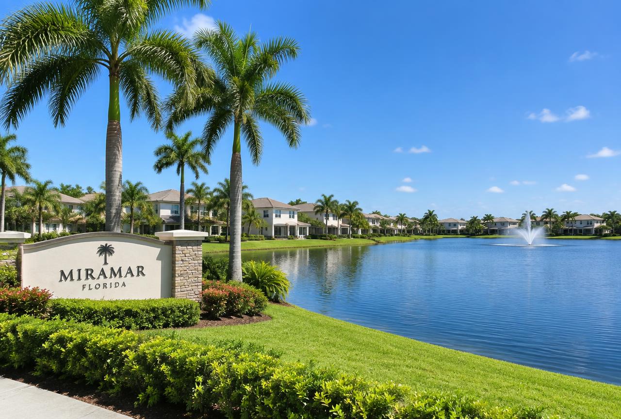 A lakeside residential community in Miramar, FL, where Universal Factory Direct installs kitchen cabinets