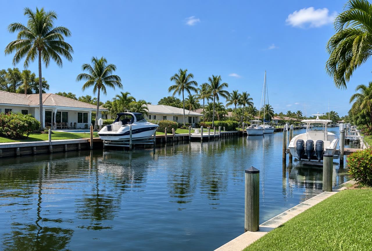 A boat-lined residential canal in North Palm Beach, FL, where Universal Factory Direct installs outdoor cabinets
