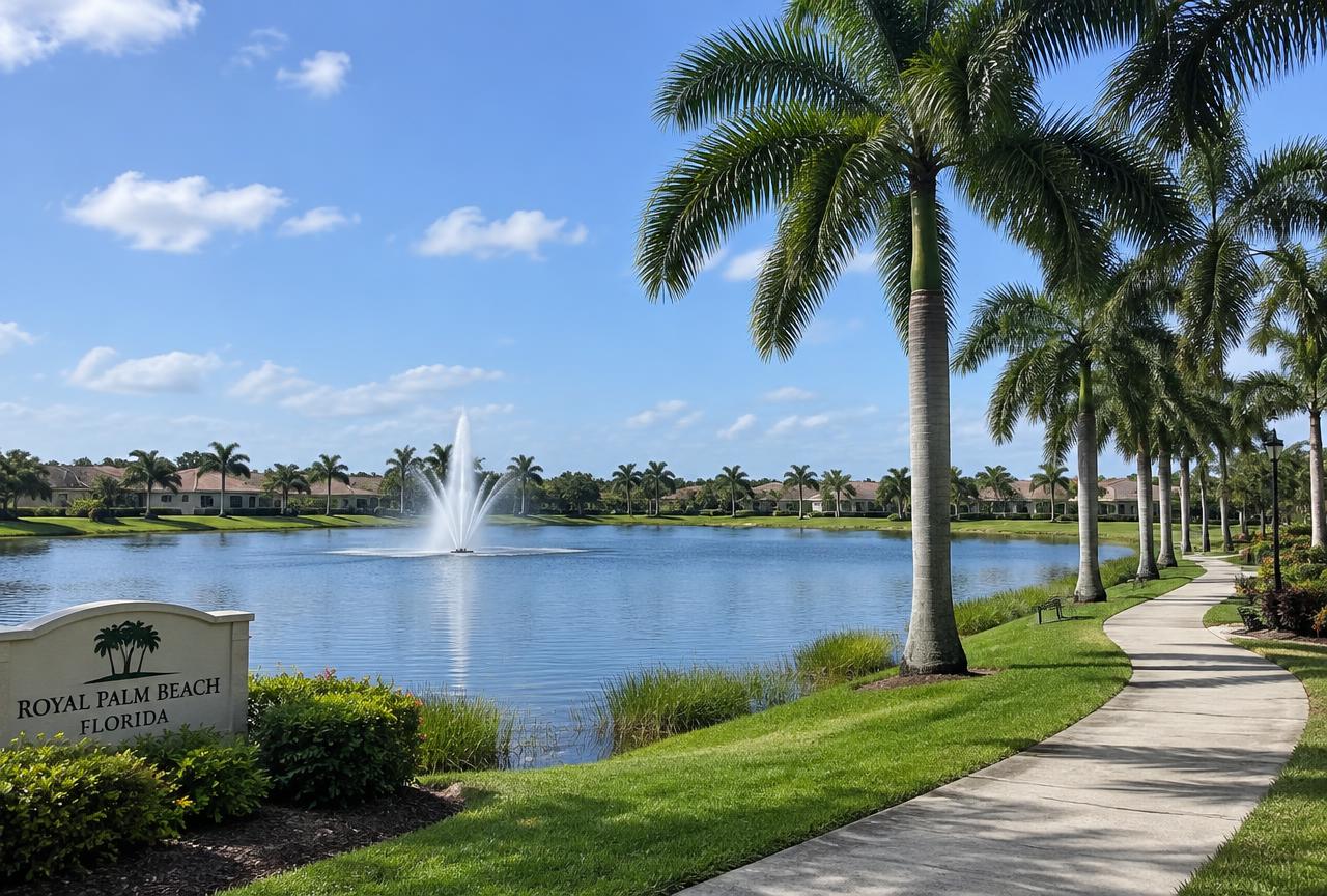 A lake and walking path in Royal Palm Beach, FL, where Universal Factory Direct installs kitchen cabinets