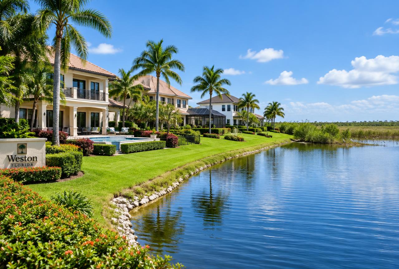 Lakefront homes at the edge of the Everglades in Weston, FL, where Universal Factory Direct installs kitchen cabinets